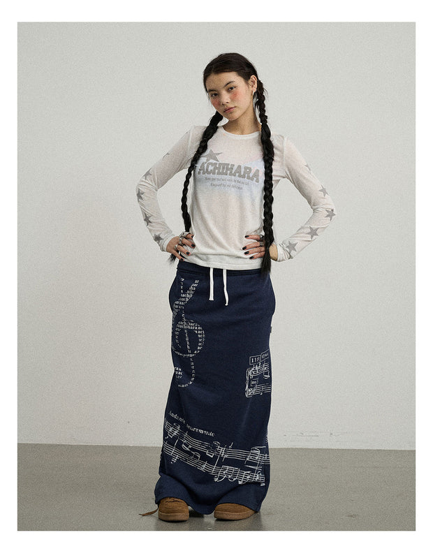 Music Note Pattern Banded Long Skirt (2color)