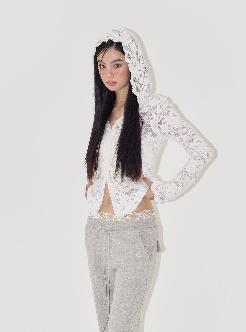 Lace Jacquard Slim Fit Hooded Sweatshirt