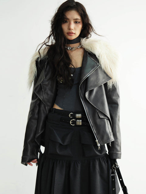 Fur Collar Faux Leather Moto Jacket - My Store