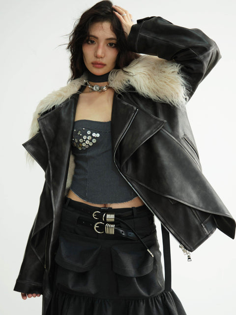 Fur Collar Faux Leather Moto Jacket - My Store