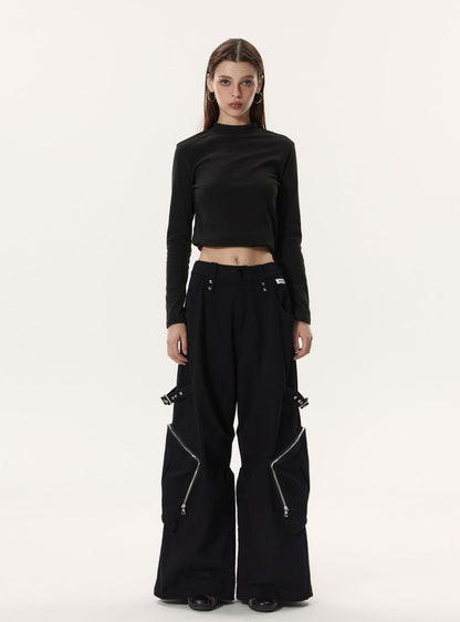 Detailed Cargo Wide Leg Pants
