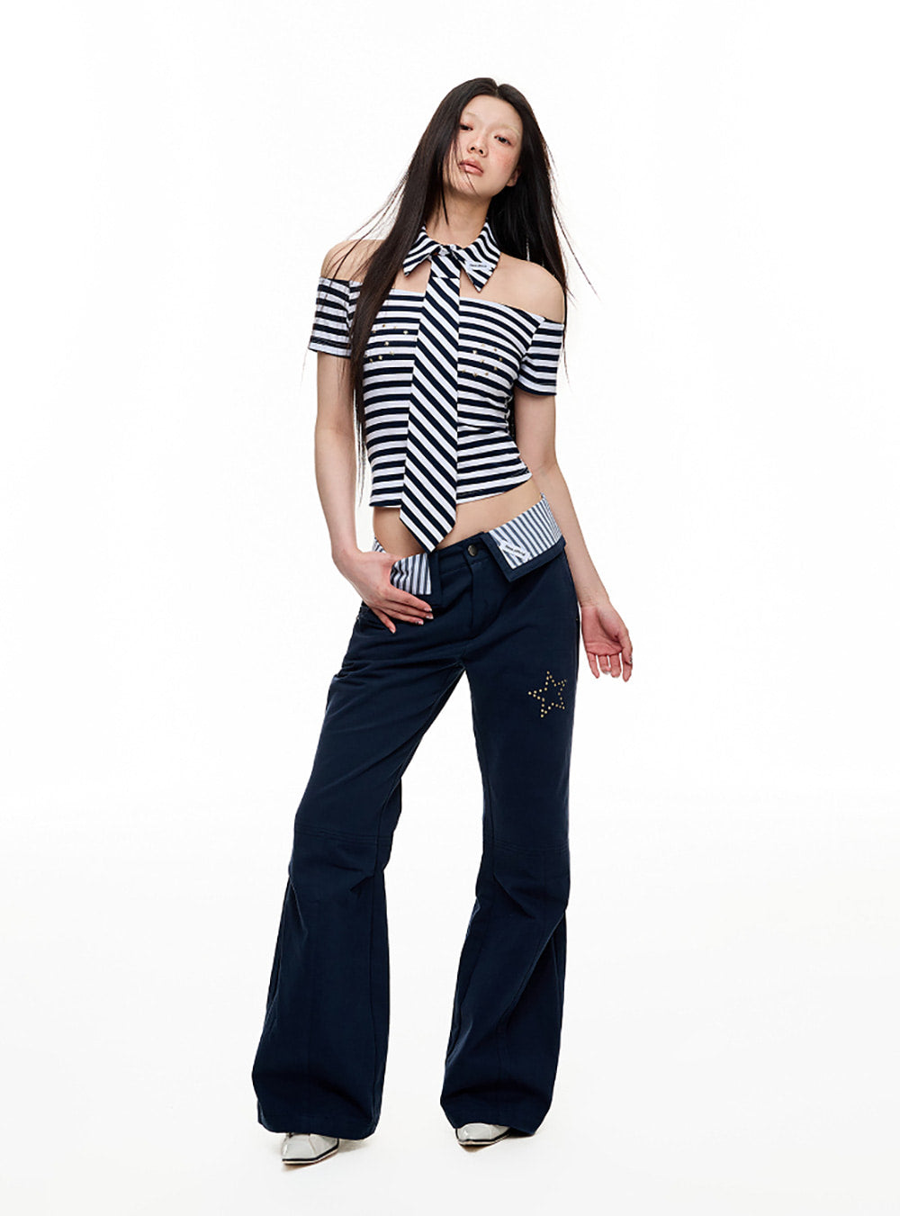 Ribbon Tie Stripe One-Shoulder Top Set