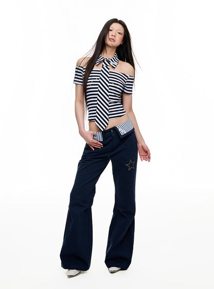 Ribbon Tie Stripe One-Shoulder Top Set
