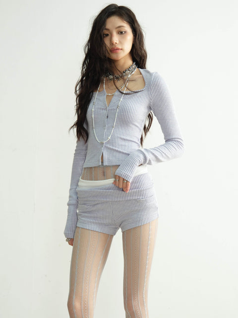 Buttoned Light Rib Knit Top And Shorts Set - My Store