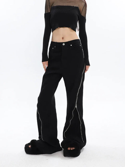 Black Flared Jeans with Decorative Zipper Details