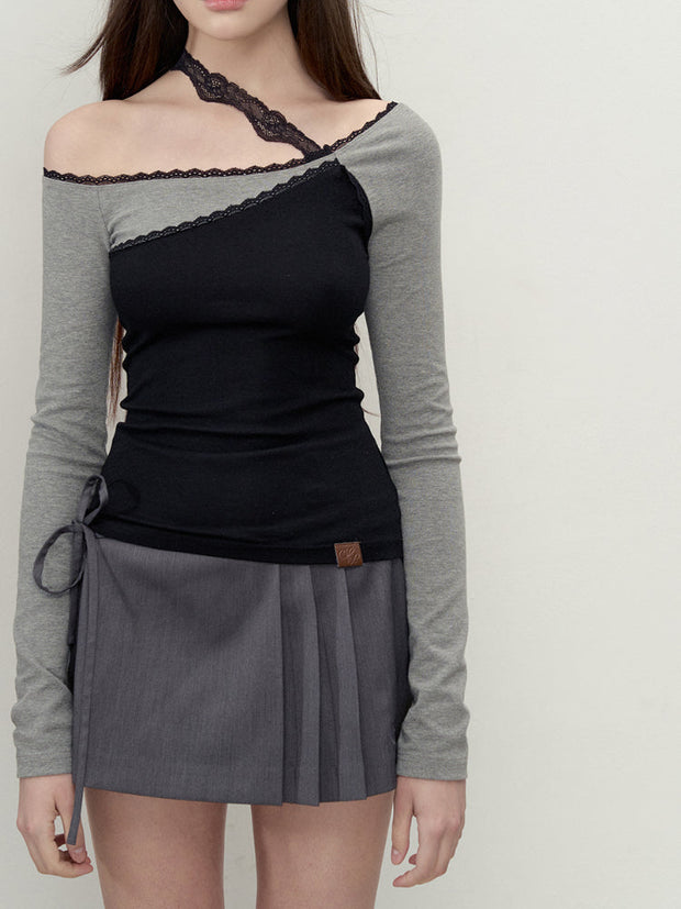 Lace Patchwork Colorblock Long Sleeve Top