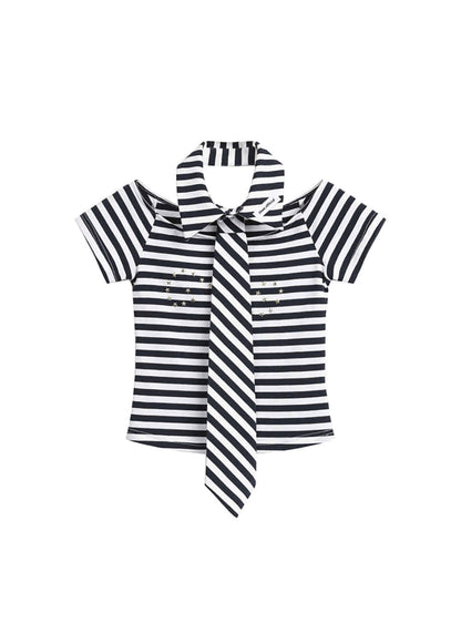 Ribbon Tie Stripe One-Shoulder Top Set