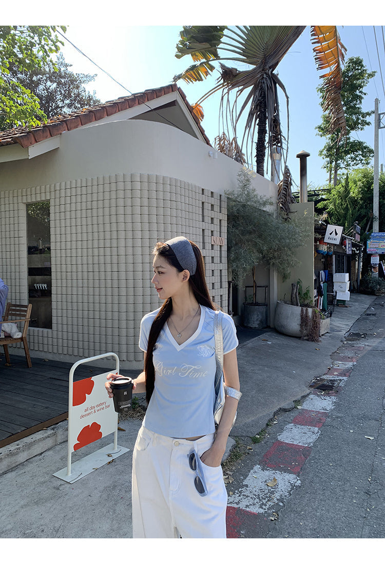 V-Neck 'Girl Time' Blue Top