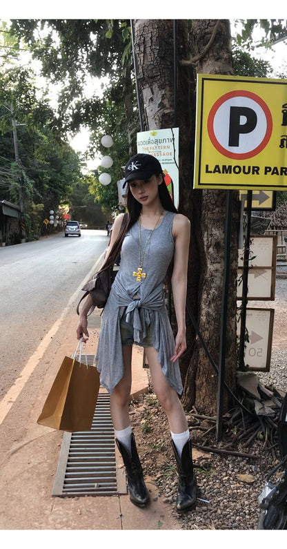 Gray Tie Top