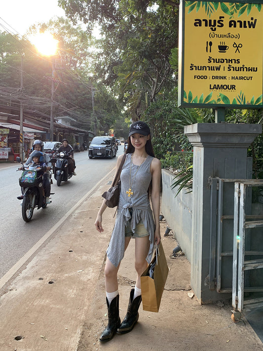 Gray Tie Top