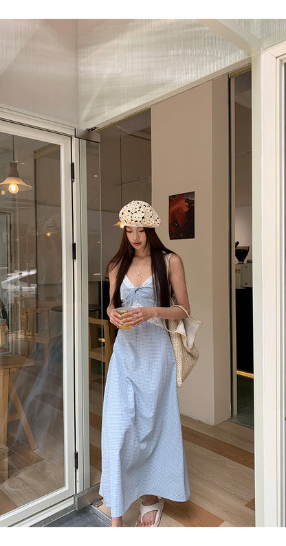 Blue Lace Plaid Dress
