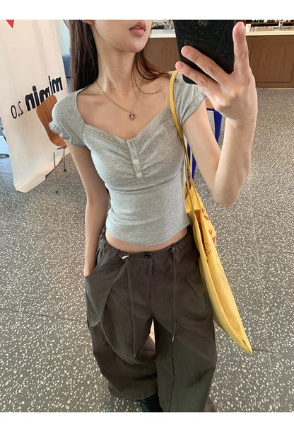 Gray Lace Trim Top