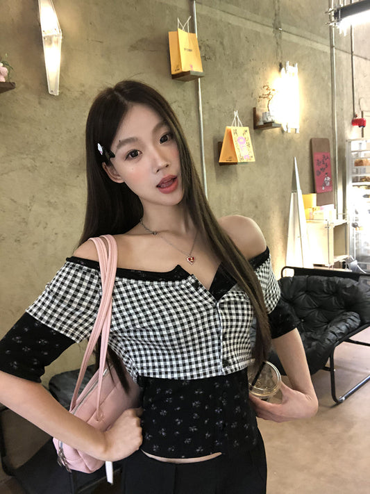 Black Plaid Print Top