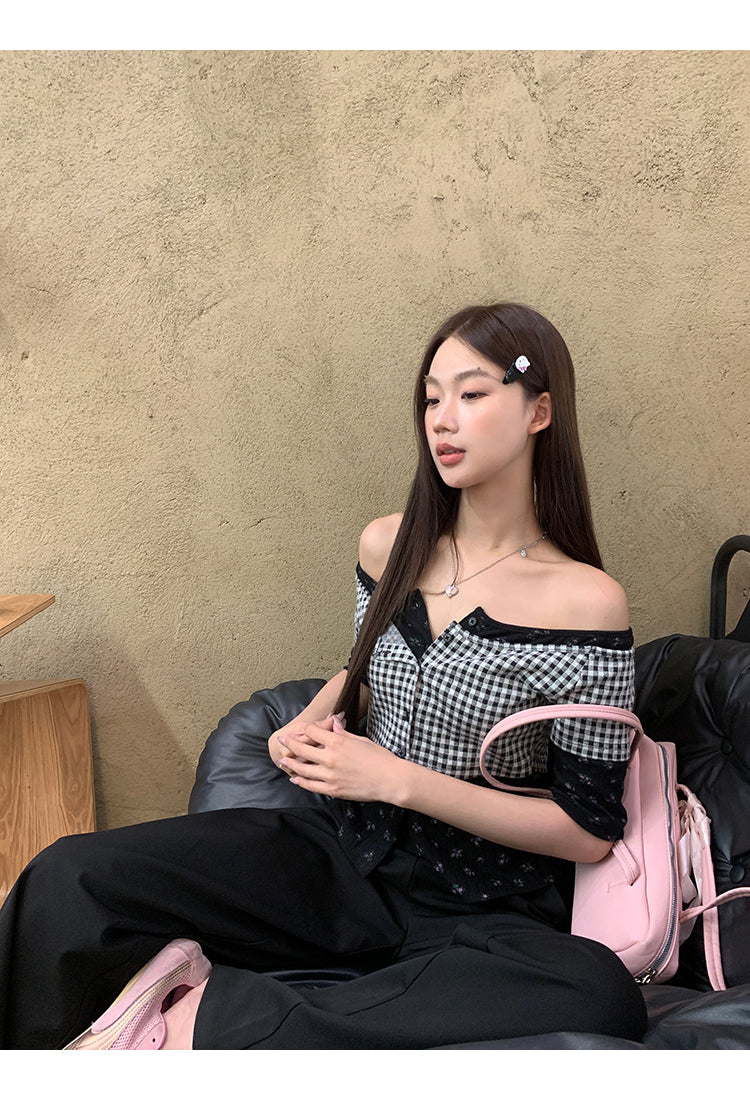 Black Plaid Print Top