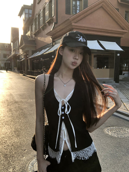 Black Double Layered Lace Camisole Top