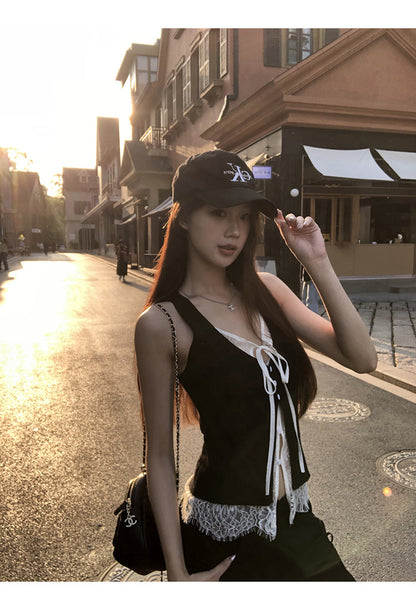 Black Double Layered Lace Camisole Top