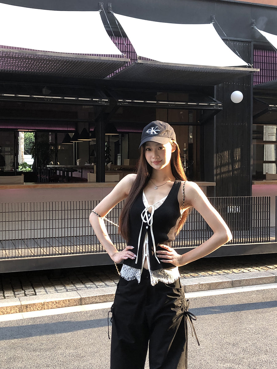 Black Double Layered Lace Camisole Top