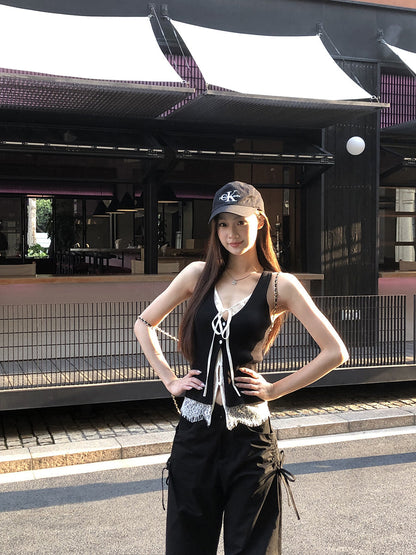 Black Double Layered Lace Camisole Top