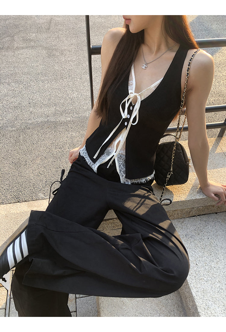 Black Double Layered Lace Camisole Top