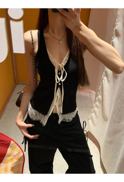 Black Double Layered Lace Camisole Top