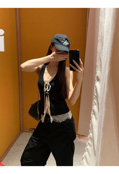 Black Double Layered Lace Camisole Top