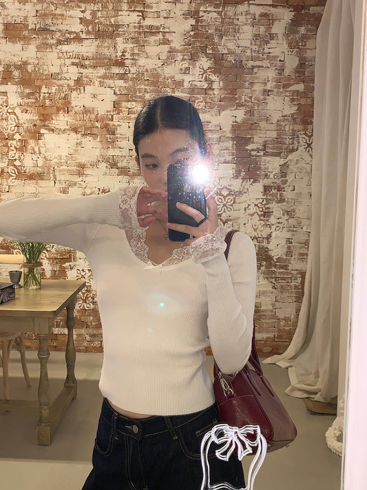 Retro Lace Trim Long Sleeve Top