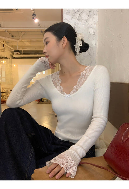 Retro Lace Trim Long Sleeve Top