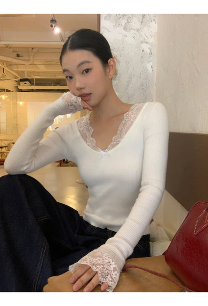 Retro Lace Trim Long Sleeve Top