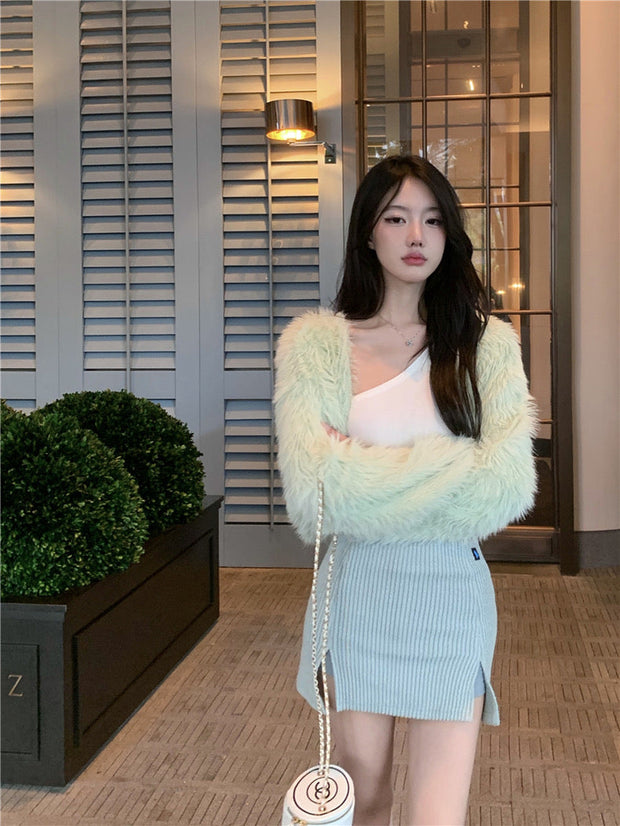 Fur Cardigan & Skirt Set