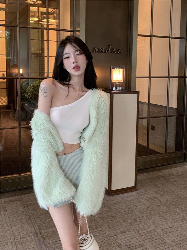 Fur Cardigan & Skirt Set