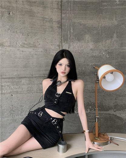 Belted Denim Top & Skirt Set