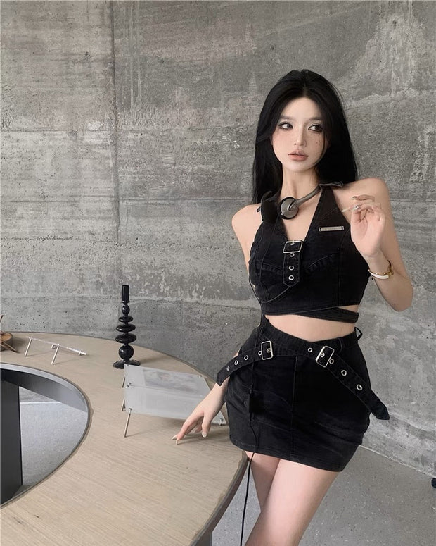 Belted Denim Top & Skirt Set