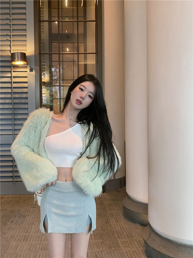 Fur Cardigan & Skirt Set