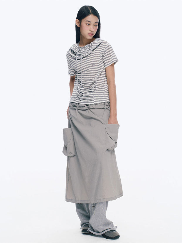 Grey Double Pocket Pleated A-Line Skirt