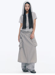 Grey Double Pocket Pleated A-Line Skirt