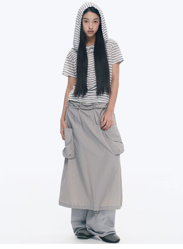 Grey Double Pocket Pleated A-Line Skirt