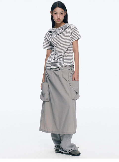 Grey Double Pocket Pleated A-Line Skirt