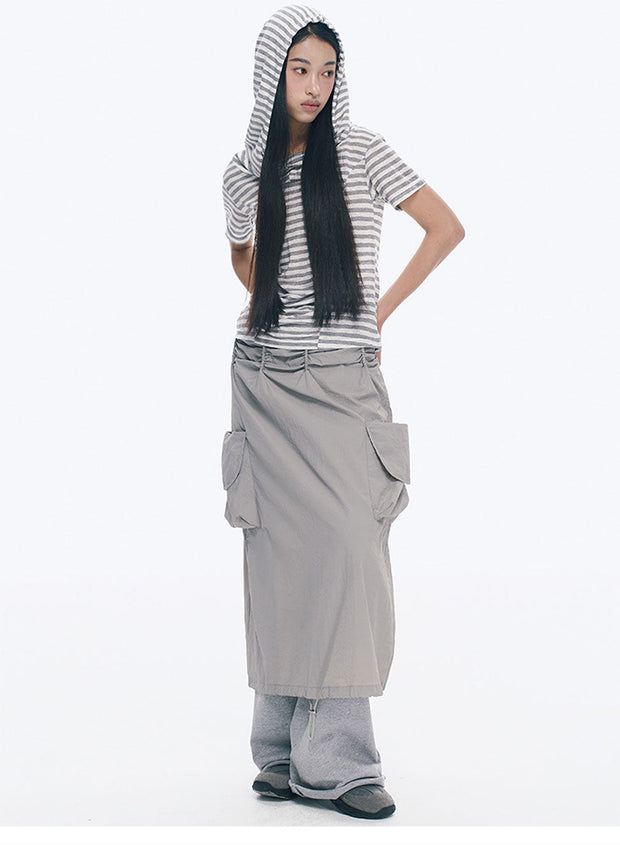 Grey Double Pocket Pleated A-Line Skirt