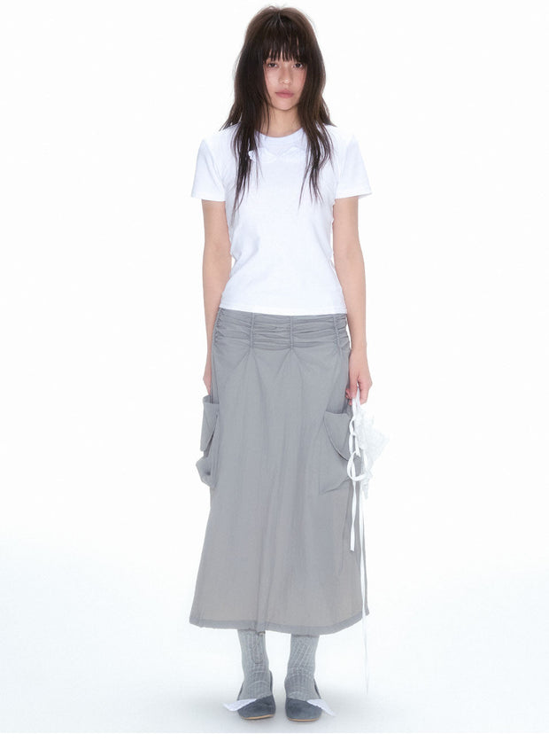 Grey Double Pocket Pleated A-Line Skirt