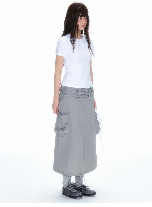 Grey Double Pocket Pleated A-Line Skirt