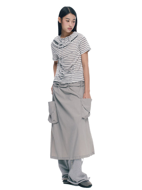 Grey Double Pocket Pleated A-Line Skirt