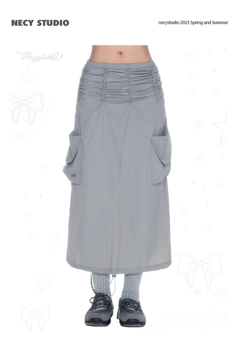 Grey Double Pocket Pleated A-Line Skirt