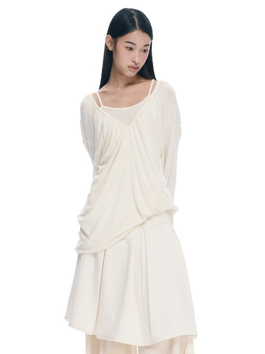V-Neck Pleat Long Sleeve Embroidered Top