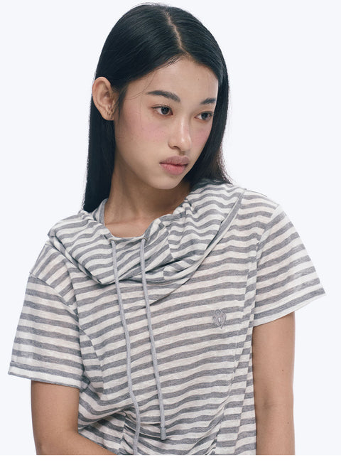 ストライプアシンメトリーフード付きシャツ