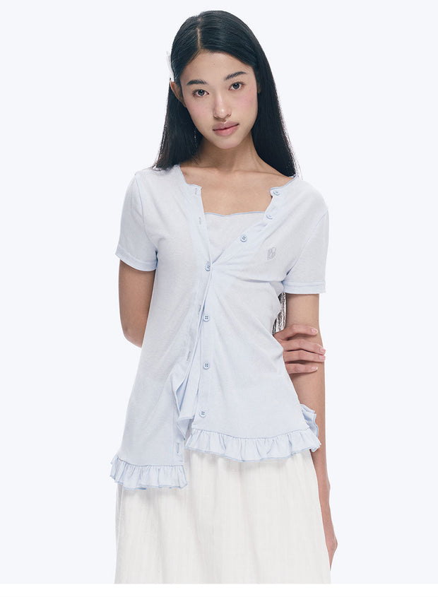 Heart Lock Embroidered Short Sleeve Lace Hem Top