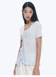 Heart Lock Embroidered Short Sleeve Lace Hem Top