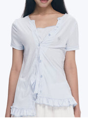 Heart Lock Embroidered Short Sleeve Lace Hem Top