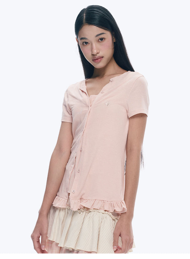 Heart Lock Embroidered Short Sleeve Lace Hem Top