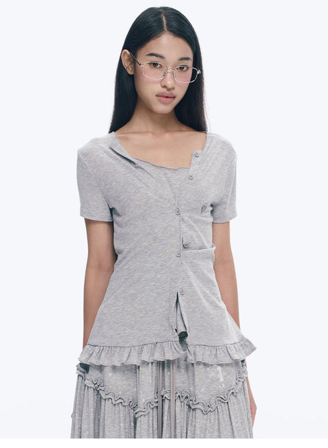 Heart Lock Embroidered Short Sleeve Lace Hem Top