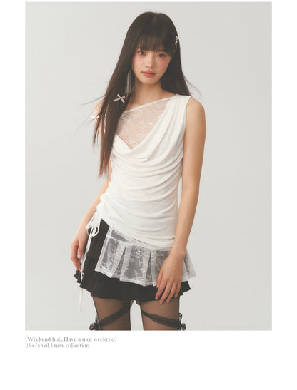 Asymmetric Lace Cut Drape Top